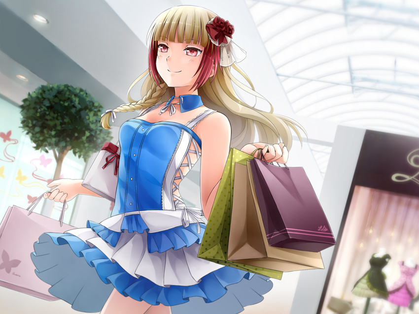 audrey_belrose bag bangs blunt_bangs braid breasts brown_hair corset day detached_collar fashion flower frilled_skirt frills game_cg hair_flower hair_ornament handbag highlights highres holding holding_bag huniepop indoors long_hair looking_away mall multicolored_hair neck_ribbon ninamo non-web_source red_eyes red_hair ribbon shopping shopping_bag side_braid single_braid skirt skylight sleeveless small_breasts smile solo tree two-tone_hair