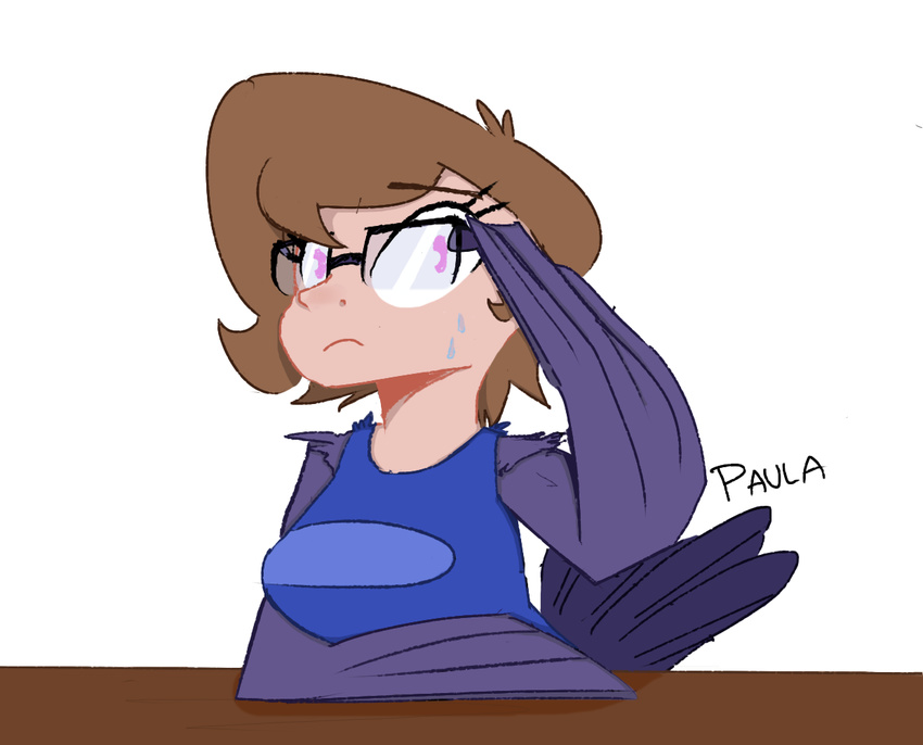 avian breasts brown_hair clothed clothing eyewear female glasses hair harpy monster monster_girl nervous paula pink_eyes plain_background solo sweat unknown_artist wings