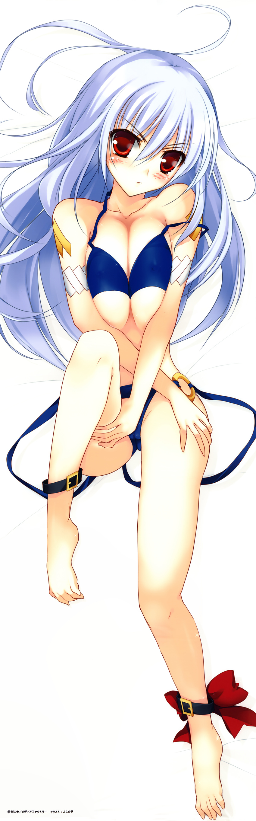 absurdres bikini blue_bikini blush bow breasts cleavage dakimakura eleonora_viltaria full_body grey_hair highres huge_breasts legs madan_no_ou_to_vanadis red_bow red_eyes simple_background solo swimsuit white_background yoshiwo