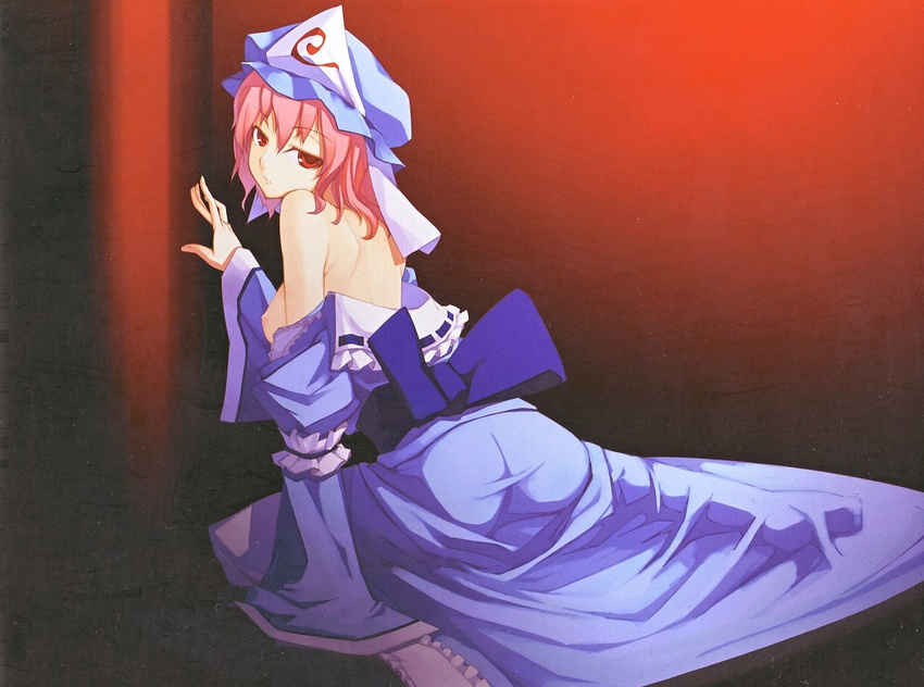 back bare_shoulders blue_dress breasts cropped dress hat japanese_clothes kimono long_sleeves looking_at_viewer looking_back medium_breasts mob_cap nipples non-web_source off_shoulder parted_lips pink_hair puffy_sleeves red_eyes ribbon saigyouji_yuyuko sash scan scan_artifacts shingo_(missing_link) short_hair solo touhou triangular_headpiece veil wide_sleeves