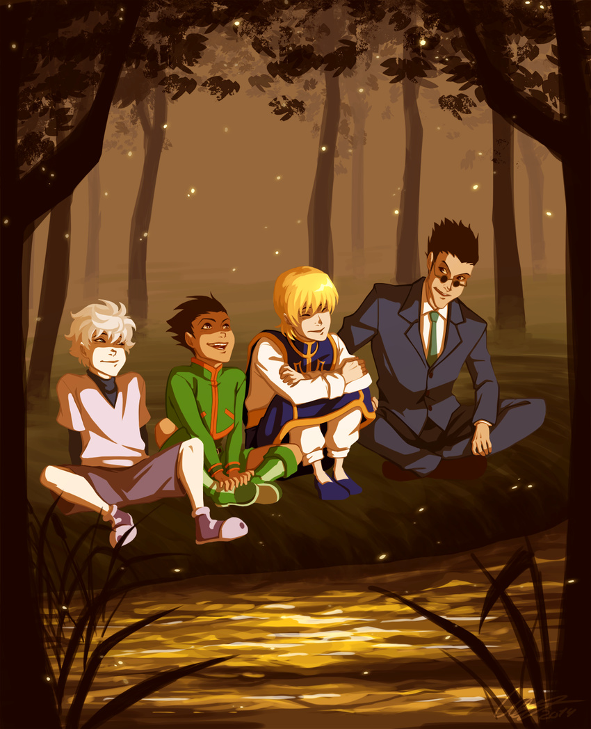 black_hair blonde_hair butterfly_sitting closed_eyes dated fireflies forest formal gon_freecss highres hunter_x_hunter indian_style killua_zoldyck kurapika lahteh lake leorio_paladiknight looking_up multiple_boys nature necktie night signature sitting smile suit sunglasses white_hair