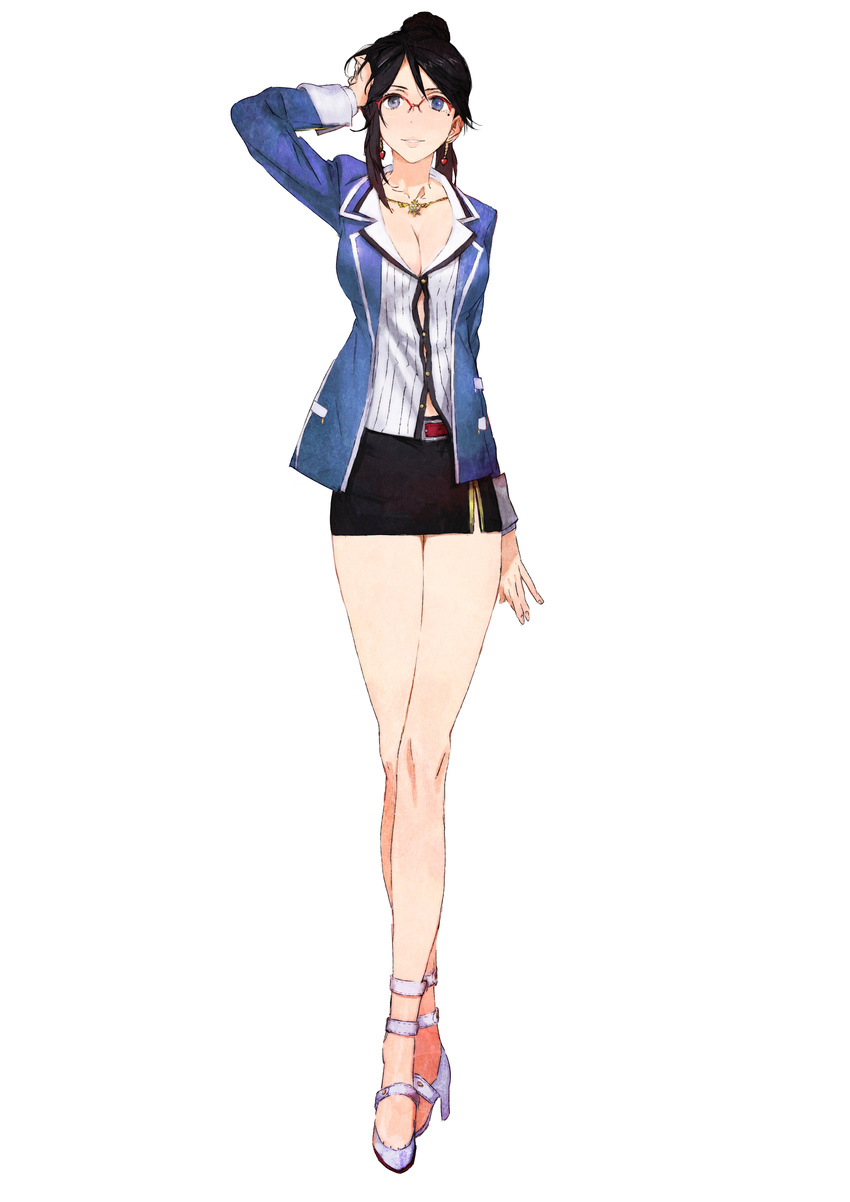 absurdres belt black_hair blue_eyes breasts cleavage crossed_legs earrings full_body gen'ei_ibunroku_sharp_fe glasses hair_bun high_heels highres jacket jewelry large_breasts legs miniskirt mole mole_under_eye necklace official_art shimazaki_maiko side_slit skirt solo toi8 watson_cross