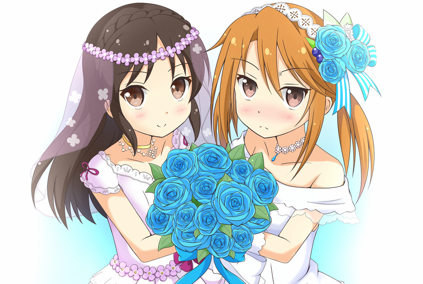 bare_shoulders blue_flower blue_rose blush bouquet bridal_veil bride brown_eyes brown_hair choker dress flower frown gloves hair_flower hair_ornament hairband head_wreath highres holding idolmaster idolmaster_cinderella_girls jewelry kochiya_hizuki light_brown_hair long_hair looking_at_viewer multiple_girls necklace nose_blush off_shoulder pendant rose smile strapless strapless_dress tachibana_arisu upper_body veil wedding_dress white_dress white_gloves wife_and_wife yuri yuuki_haru