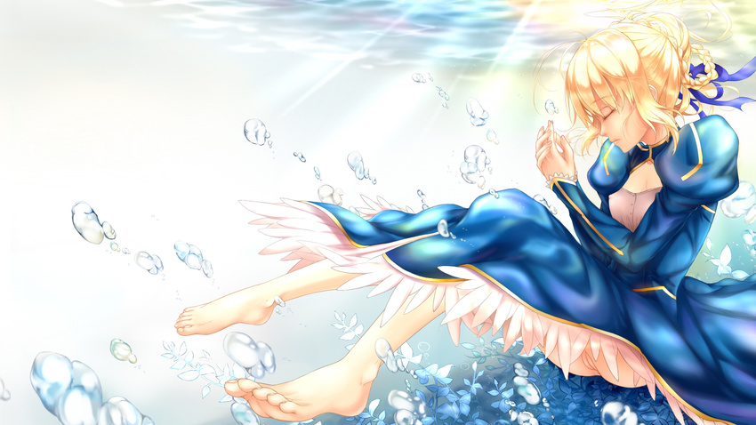 artoria_pendragon_(all) bad_id bad_pixiv_id blonde_hair blue_dress bow closed_eyes dress fate/stay_night fate_(series) hair_bow highres light_rays saber shoujo_donburi solo sunbeam sunlight water