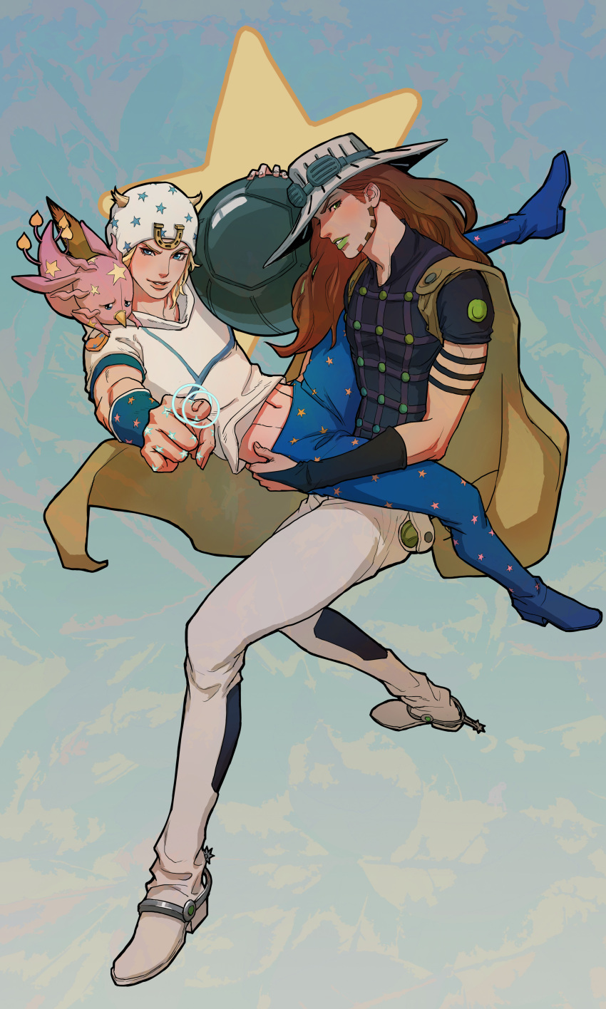 2boys absurdres aiming aiming_at_viewer ball black_bridal_gauntlets blonde_hair blue_eyes blue_pants bridal_gauntlets brown_cape brown_hair cape commentary_request cowboy_hat facial_hair goggles goggles_on_headwear green_eyes green_lips gyro_zeppeli hair_through_headwear hat highres holding holding_ball holster hood hoodie horseshoe_hat_ornament horseshoe_ornament johnny_joestar jojo_no_kimyou_na_bouken long_hair male_focus midriff multiple_boys navel pants parted_lips short_sleeves skyfiss spurs stand_(jojo) star_(symbol) star_print steel_ball_run tusk_(stand) tusk_act1 white_hat white_pants