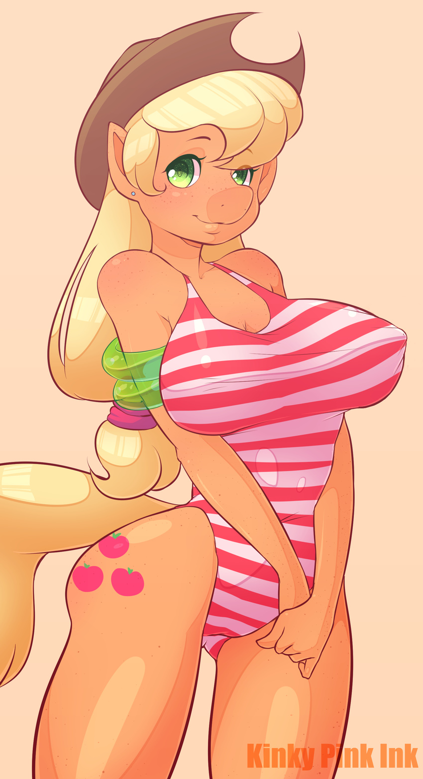 anthro anthrofied applejack_(mlp) big_breasts blonde_hair breasts clothed clothing cutie_mark earth_pony equine erect_nipples female freckles friendship_is_magic hair hat horse kinkypinkink mammal my_little_pony nipple_piercing nipples piercing plain_background pony skimpy solo swimsuit wet