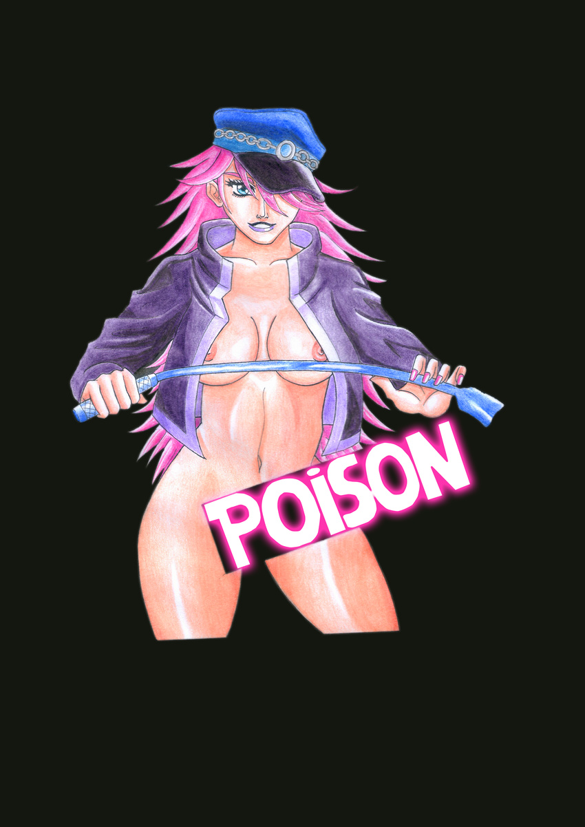 1girl alternate_outfit blue_eyes dragon_naiya final_fight groovie hat label newhalf nipples no_panties pink_hair poison_(final_fight) purple_coat purple_lips solo suggestive whip