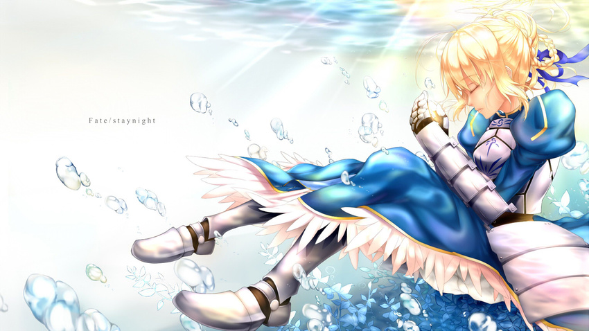 artoria_pendragon_(all) bad_id bad_pixiv_id blonde_hair bubble closed_eyes copyright_name fate/stay_night fate_(series) saber shoujo_donburi underwater