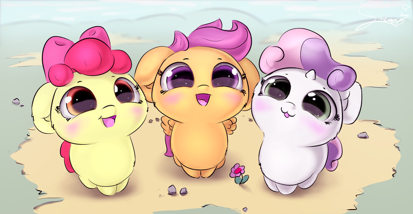 apple_bloom_(mlp) blush cub cute cutie_mark_crusaders_(mlp) equine female feral friendship_is_magic group horn horse looking_at_viewer mammal my_little_pony outside pegasus scootaloo_(mlp) sverre93 sweetie_belle_(mlp) unicorn wide_eyed wings young