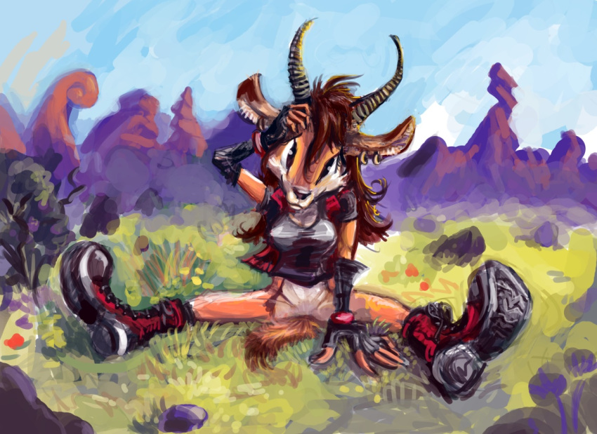 2016 5_fingers antelope anthro arabian_sand_gazelle big_breasts biped black_eyes black_horn black_nose boots bottomless bovid breasts brown_fur brown_hair brown_tail cleavage clothed clothing cloud countershade_face countershade_legs countershade_torso countershading curious digital_media_(artwork) digital_painting_(artwork) eyelashes fan_character featureless_crotch female fingerless_gloves fmirsokp footwear front_view full-length_portrait fur gazelle gloves grass hair hand_on_head head_tilt horn humanoid_hands inner_ear_fluff jacket long_hair looking_at_viewer mammal mountain multicolored_fur nature outside plant portrait reem_the_sand_gazelle ridged_horn shirt short_tail shrub sitting sky smile snout solo sonic_(series) spread_legs spreading tank_top true_antelope true_gazelle two_tone_fur white_countershading white_fur