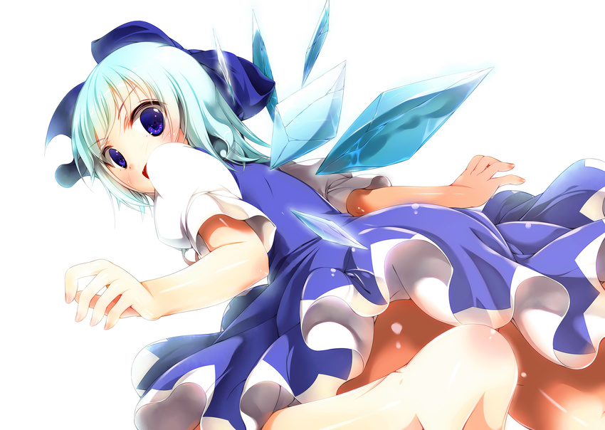 absurdres barefoot blue_dress blue_eyes blue_hair blush bow cirno convenient_censoring dress highres ice ice_wings no_panties ootomoyuuki open_mouth puffy_short_sleeves puffy_sleeves ribbon short_hair short_sleeves simple_background solo touhou white_background wings