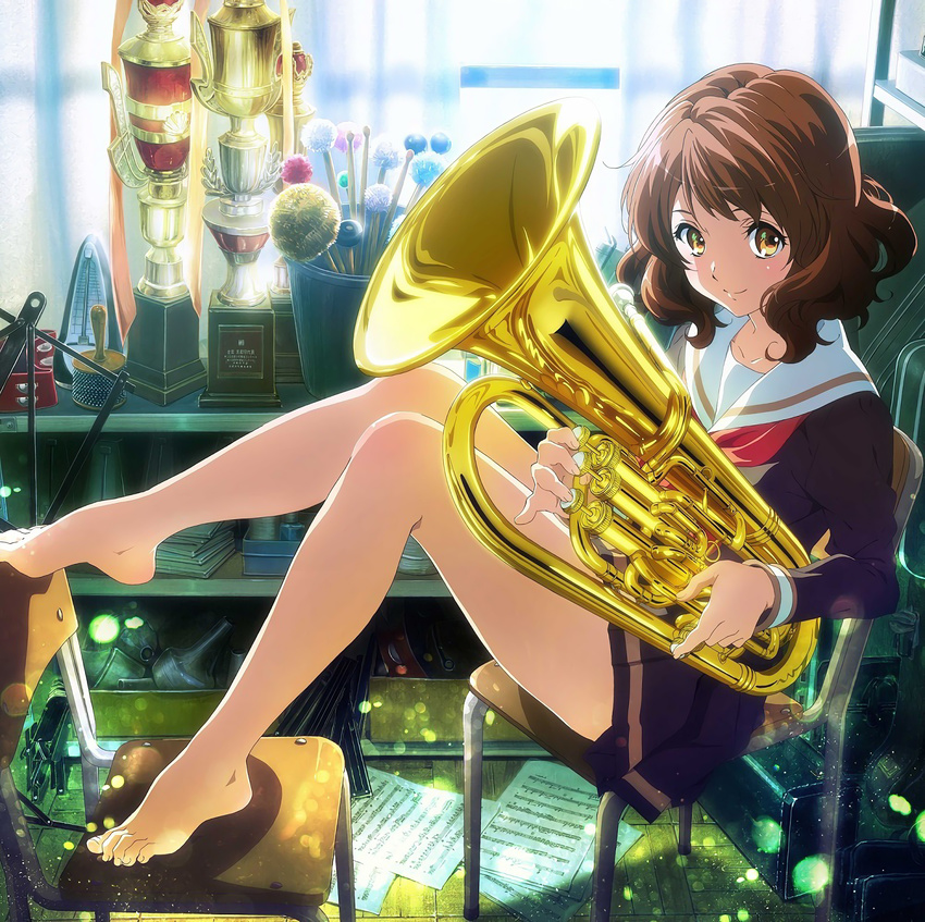 artist_request bangs bare_legs barefoot black_serafuku box brown_hair bucket chair clubroom curtains drumsticks euphonium feet feet_on_chair from_side full_body hibike!_euphonium highres holding indoors instrument instrument_case key_visual knees_up legs light_particles long_sleeves looking_at_viewer metronome miniskirt neckerchief official_art oumae_kumiko paper pleated_skirt red_neckwear resized school_uniform serafuku sheet_music shelf short_hair sitting skirt smile solo tambourine trophy uniform upscaled waifu2x wavy_hair window yellow_eyes