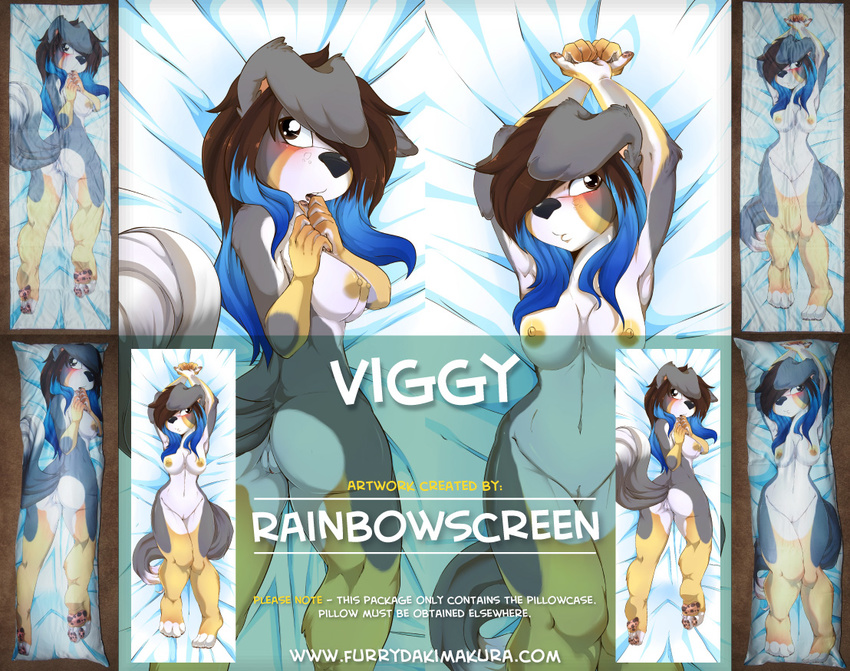 2014 advertisement annoying_watermark anthro bed_sheet blue_hair breasts butt canine clothing cute dakimakura dyed_hair english_text female fur hair looking_at_viewer lying mammal nipples nude on_back open_mouth pussy rainbowscreen sheep_dog smile solo text viggy watermark