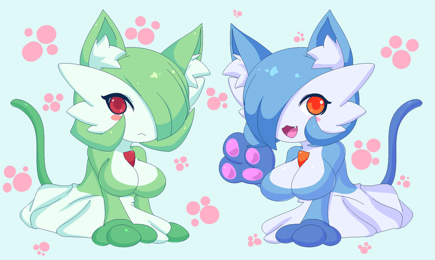 2girls blue_hair blush_stickers breasts cat_ears cat_tail fang gardevoir green_hair highres jcdr large_breasts lucy_(jcdr) multiple_girls nougat_(jcdr) open_mouth orange_eyes paws pokemon red_eyes shiny_pokemon simple_background tail