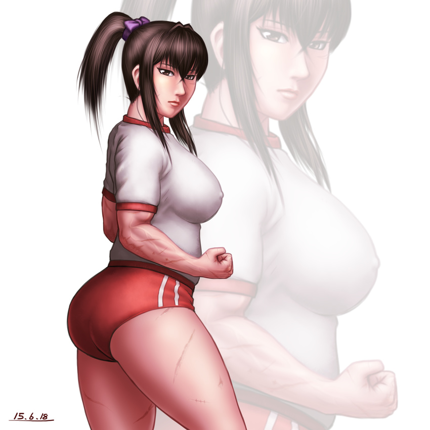 alternate_costume alternate_hairstyle ass black_hair breasts buruma clenched_hand covered_nipples highres large_breasts long_hair m.u.g.e.n muscle muscular_female nose original ponytail scar sendai_hakurei_no_miko sidelocks solo taikyokuturugi thighs touhou zoom_layer