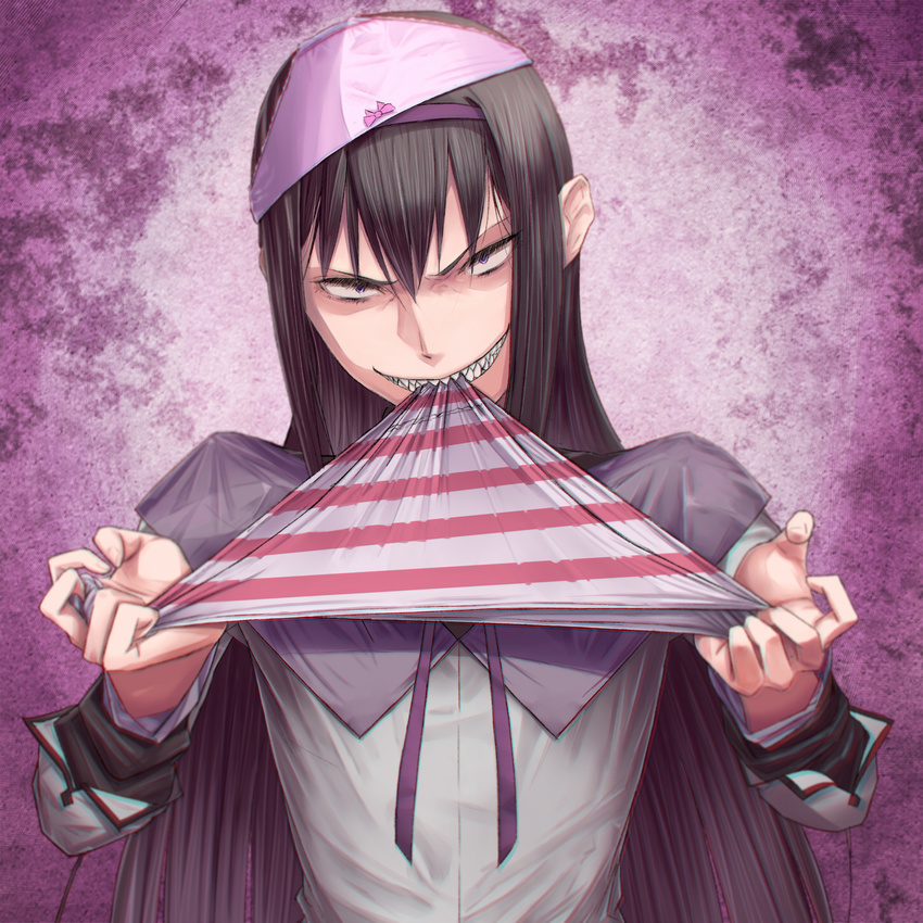 akemi_homura bad_id bad_pixiv_id biting biting_clothes black_hair bow bow_panties hairband highres looking_at_viewer mahou_shoujo_madoka_magica mob3 mouth_hold object_on_head panties panties_in_mouth panties_on_head pink_panties ribbon sharp_teeth smile solo striped striped_panties teeth underwear