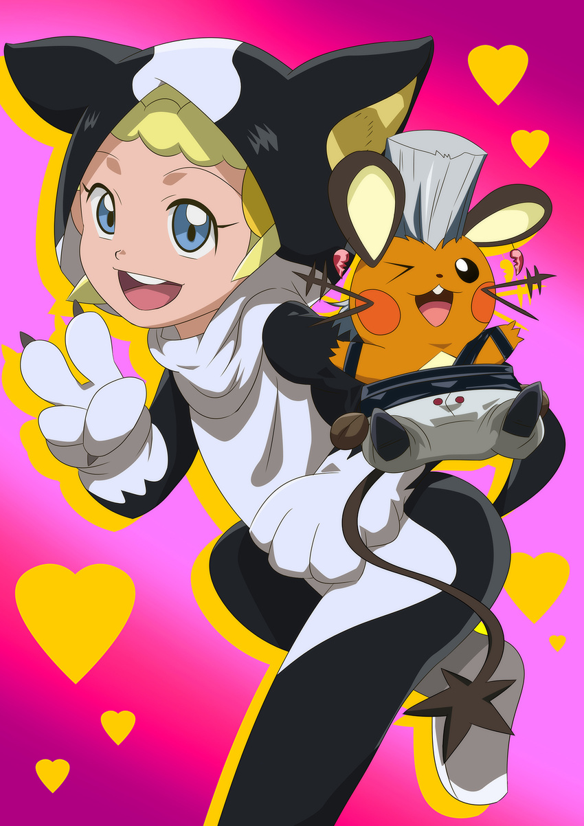 ;) animal_costume blonde_hair blue_eyes cosplay dedenne dog_costume earrings eureka_(pokemon) gen_6_pokemon gradient gradient_background heart heart_background highres iggy_(jojo) iggy_(jojo)_(cosplay) jean_pierre_polnareff jean_pierre_polnareff_(cosplay) jewelry jojo_no_kimyou_na_bouken one_eye_closed pokemon pokemon_(anime) pokemon_(creature) pokemon_xy_(anime) reo_j smile tail v