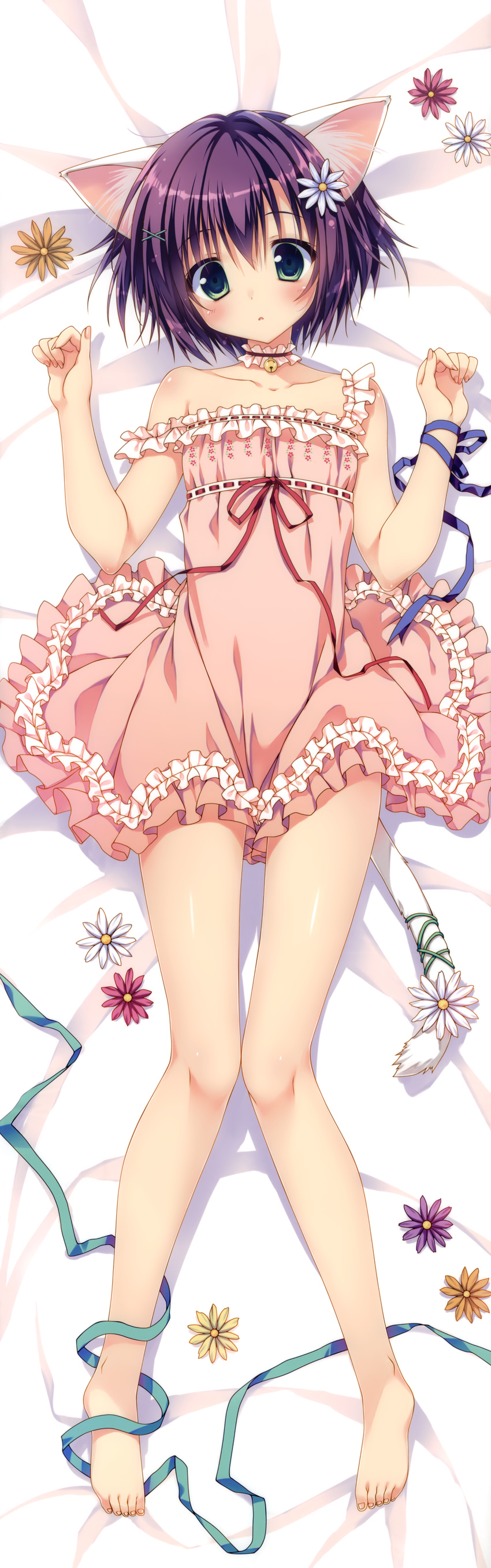 absurdres animal_ears barefoot bell bell_choker blue_ribbon blush cat_ears cat_tail choker dakimakura dress floral_print flower frilled_choker frilled_dress frills full_body green_eyes green_ribbon hair_flower hair_ornament hands_up highres huge_filesize knees_together_feet_apart looking_at_viewer lying nail_polish on_back pink_dress pink_nails purple_hair red_ribbon ribbon ribbon-trimmed_clothes ribbon_trim ryouka_(suzuya) short_hair solo strap_slip tail tail_ribbon