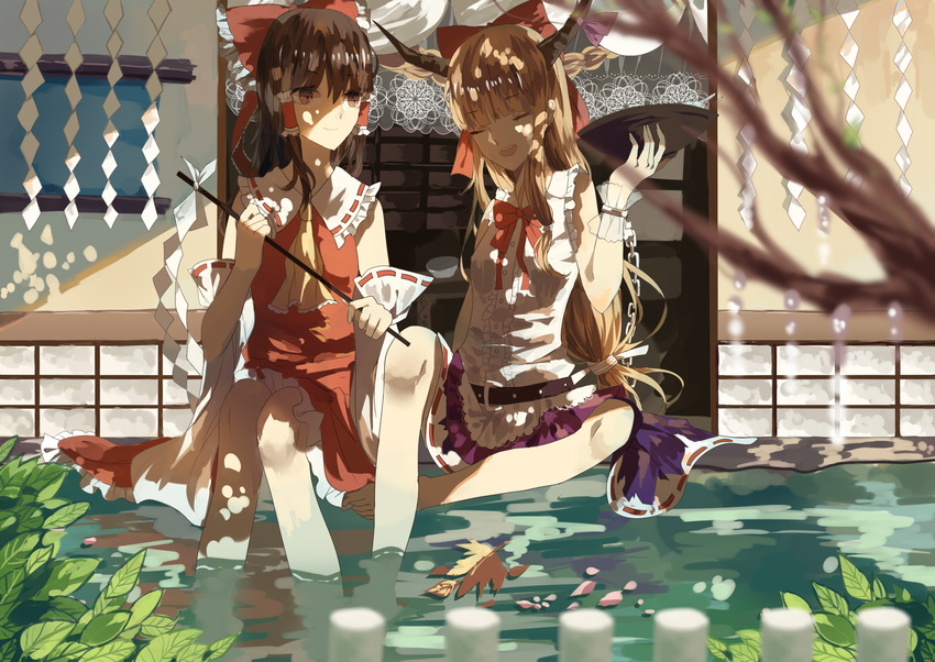 ascot bangs barefoot belt blonde_hair blunt_bangs blurry bow bowl brown_hair building chain chocolate_(jitong) closed_eyes crossed_legs depth_of_field detached_sleeves gohei hair_bow hair_tubes hairband hakurei_reimu highres horn_ribbon horns ibuki_suika leaf long_hair looking_at_another low-tied_long_hair multiple_girls open_mouth outdoors pool ribbon ribbon-trimmed_skirt ribbon-trimmed_sleeves ribbon_trim shaded_face shide sidelocks sitting skirt skirt_set sleeveless smile soaking_feet touhou tree_branch water wrist_cuffs