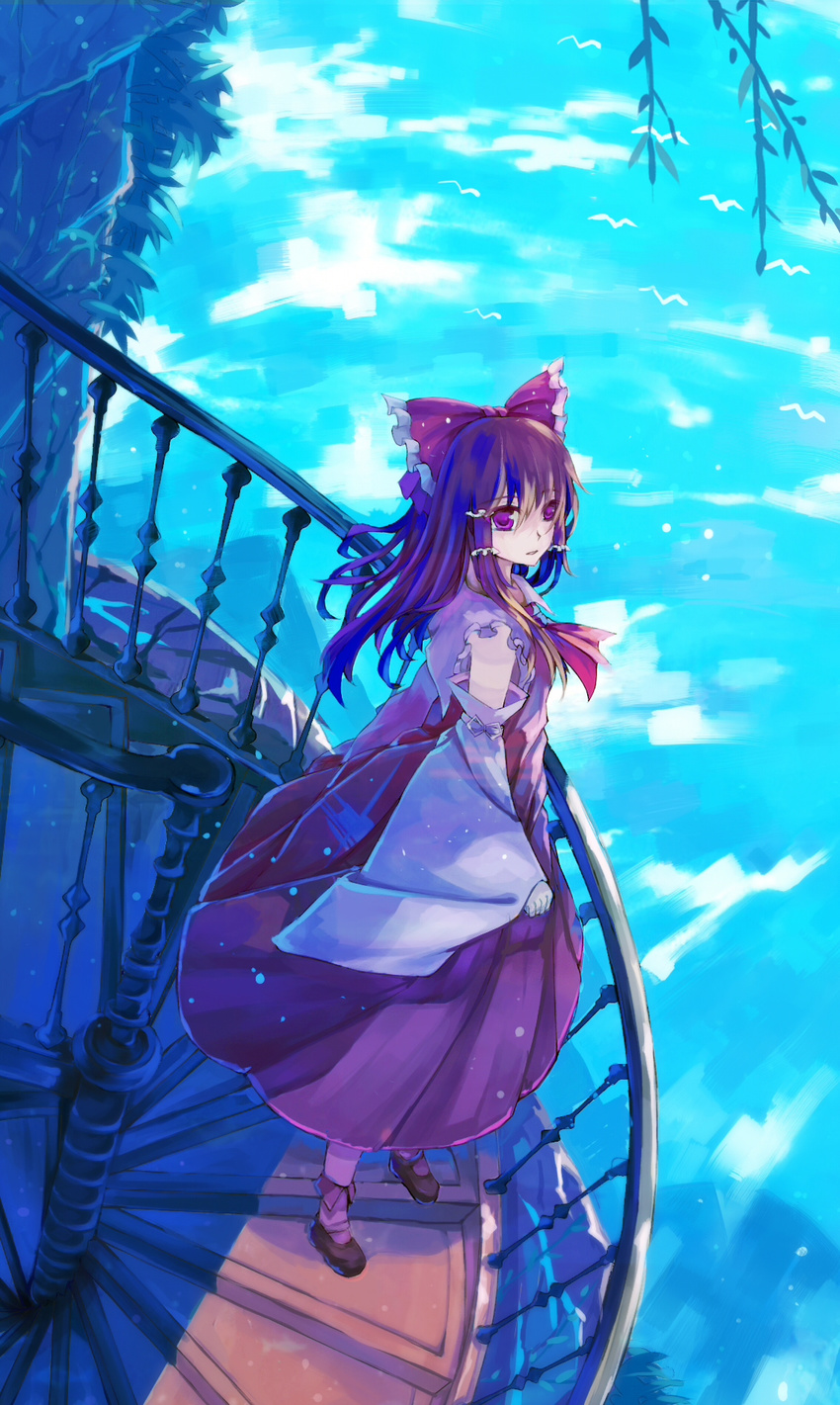 ankle_socks ascot bird blue_sky bow brown_hair cloud dead_line detached_sleeves hair_bow hakurei_reimu highres long_hair looking_at_viewer mary_janes parted_lips purple_eyes shoes skirt skirt_set sky solo spiral_staircase stairs touhou