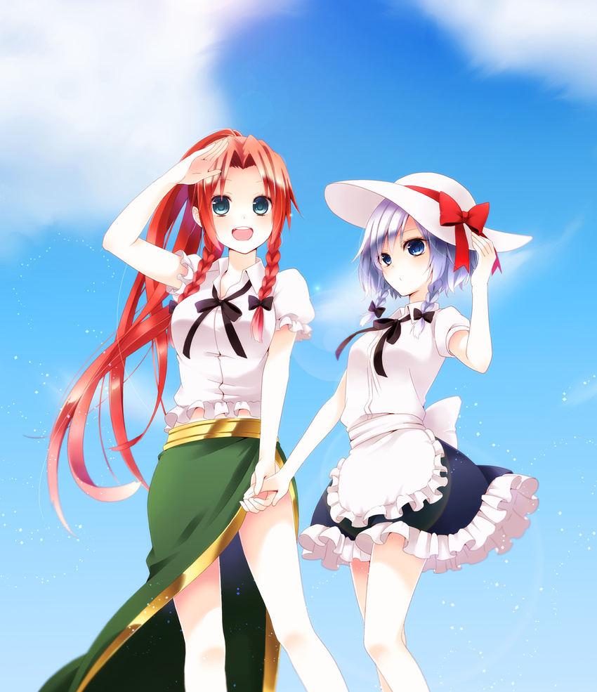 alternate_costume alternate_hairstyle alternate_headwear apron bare_legs blue_background blue_eyes braid chitose_(usacan) collared_shirt frilled_skirt frills gradient gradient_background hair_ribbon hand_on_headwear hand_to_forehead hat hat_ribbon highres holding_hands hong_meiling izayoi_sakuya light_particles long_hair looking_at_viewer miniskirt multiple_girls neck_ribbon no_hat no_headwear open_mouth ponytail puffy_short_sleeves puffy_sleeves red_hair ribbon shirt short_sleeves skirt sun_hat touhou tress_ribbon twin_braids waist_apron