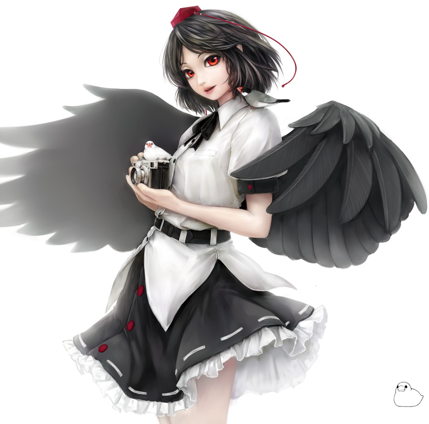 animal animal_on_shoulder bad_id bad_pixiv_id belt bird black_hair black_wings camera collared_shirt cowboy_shot ears frilled_skirt frills hat highres holding looking_at_viewer nishi_masakazu puffy_short_sleeves puffy_sleeves red_eyes shameimaru_aya shirt short_hair short_sleeves skirt smile solo tokin_hat touhou white_background wings