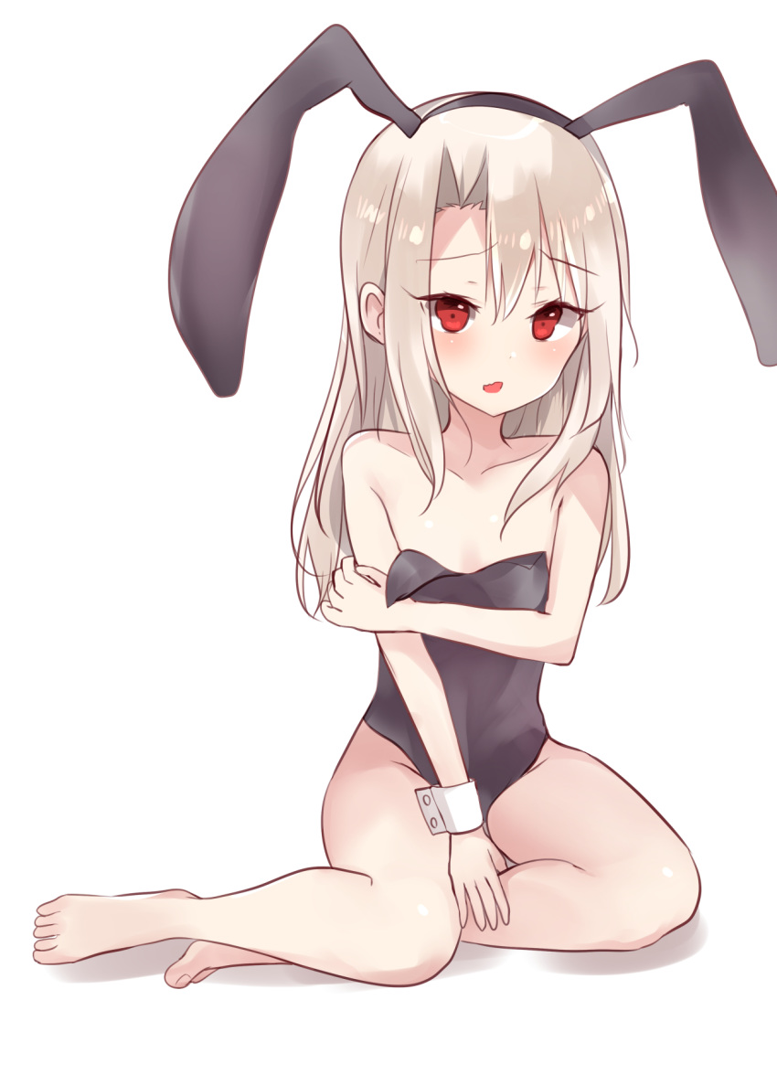 1girl animal_ears bangs bare_arms bare_legs bare_shoulders barefoot black_hairband black_leotard blush bunny_ears bunnysuit collarbone commentary eyebrows_visible_through_hair fake_animal_ears fate/kaleid_liner_prisma_illya fate_(series) full_body groin hair_between_eyes hairband highres illyasviel_von_einzbern leotard light_brown_hair long_hair natsu_(sinker8c) parted_lips red_eyes single_wrist_cuff sitting solo strapless strapless_leotard symbol_commentary toenails white_background wrist_cuffs yokozuwari