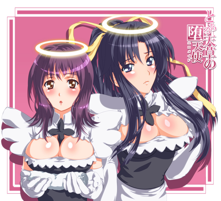 bangs black_hair blush breasts brown_eyes covered_nipples doriri frown halo highres itsuwa kanzaki_kaori large_breasts long_hair maid multiple_girls navel ponytail purple_hair ribbon to_aru_majutsu_no_index towel very_long_hair