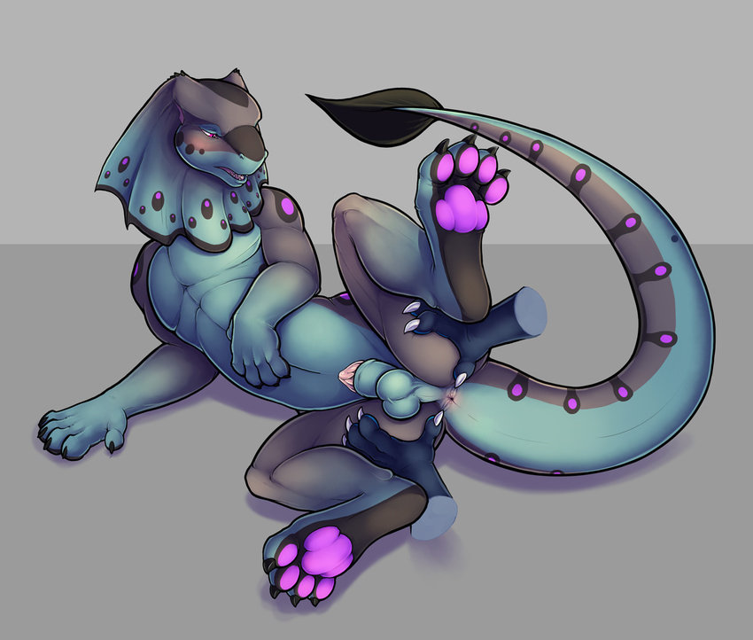 2015 anus balls blue_scales blush claws digitigrade disembodied_hand dragon feral frill gravity_(character) grey_background grey_scales hand_on_butt head_frill lying male on_side pawpads paws penis penis_tip pink_eyes plain_background purple_scales raised_leg scalie sheath solo_focus spread_anus spread_legs spreading the_secret_cave xero_(augmented_fear)