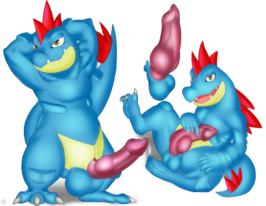 animal_genitalia anthro anthrofied balls big_balls digital_media_(artwork) disembodied_penis erection fangs feraligatr flexing genital_slit holding_penis knotting looking_at_viewer looking_away male multiple_images multiple_poses muscles nintendo one_leg_up open_mouth penis pinup pok&eacute;mon pose reclining scalie sex seyrmo sitting slit solo video_games