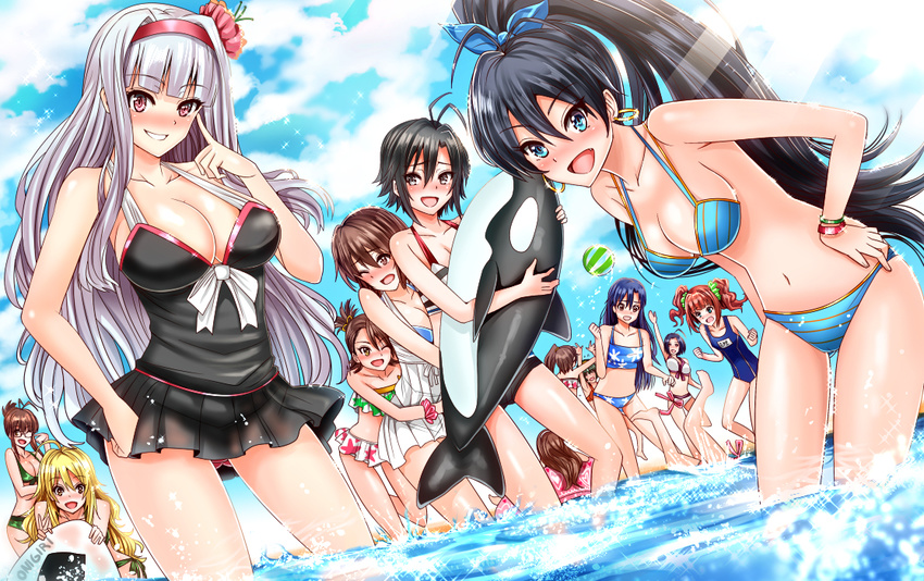 akizuki_ritsuko amami_haruka bad_id bad_pixiv_id ball beachball bent_over bikini black_hair black_swimsuit blonde_hair blue_bikini blue_eyes blue_hair blue_sky blush breasts brown_eyes brown_hair casual_one-piece_swimsuit cloud day fang floral_print flower folded_ponytail futami_ami futami_mami ganaha_hibiki glasses grin hagiwara_yukiho hair_flower hair_ornament hair_ribbon hairband high_ponytail hoshii_miki idolmaster idolmaster_(classic) inflatable_orca inflatable_toy inu_(marukome) kikuchi_makoto kisaragi_chihaya large_breasts long_hair minase_iori miura_azusa multiple_girls nonowa one-piece_swimsuit one_eye_closed one_side_up otonashi_kotori outdoors pink_eyes ponytail print_bikini ribbon school_swimsuit shijou_takane side_ponytail silver_hair sky smile swimsuit takatsuki_yayoi twintails very_long_hair water white_bikini white_swimsuit