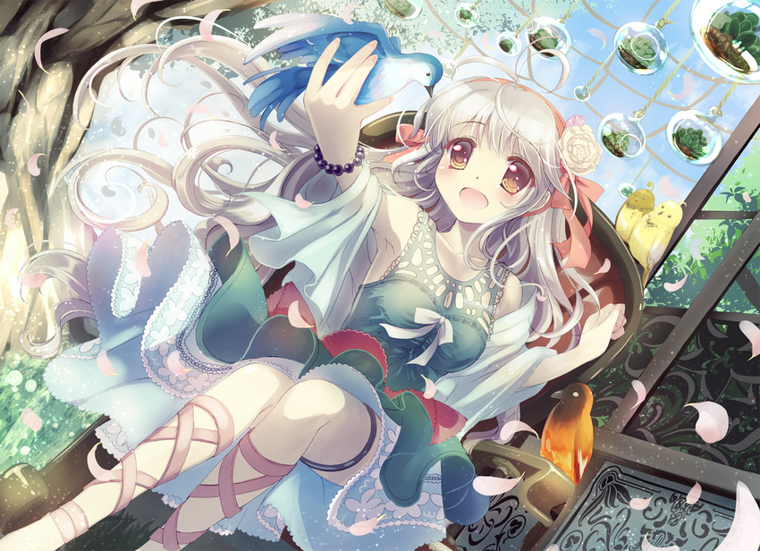 :d ahoge ankle_lace-up bad_id bad_pixiv_id bare_shoulders bird bracelet brown_eyes cross-laced_footwear dress flower grey_hair hair_flower hair_ornament hair_ribbon hairband hands highres jewelry long_hair natsukawa_sarasa open_mouth original petals ribbon smile solo tree