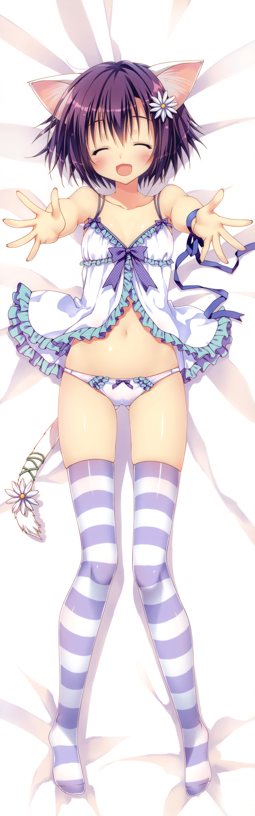 :d ^_^ absurdres animal_ears babydoll bow bow_panties cat_ears cat_tail closed_eyes dakimakura flower frilled_panties frills full_body hair_flower hair_ornament highres lavender_legwear navel no_shoes open_mouth outstretched_arms panties purple_hair ribbon ryouka_(suzuya) short_hair smile solo striped striped_legwear tail tail_flower tail_ornament tail_ribbon thighhighs underwear white_panties wrist_ribbon