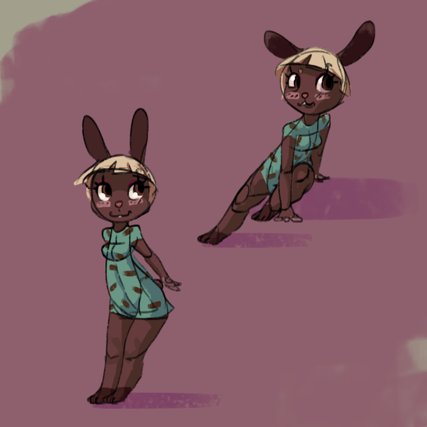 2015 animal_crossing anthro blonde_hair blush bonbon_(animal_crossing) breasts brown_eyes brown_fur clothed clothing erijt female fur hair lagomorph looking_aside mammal nintendo rabbit shirt simple_background smile solo video_games