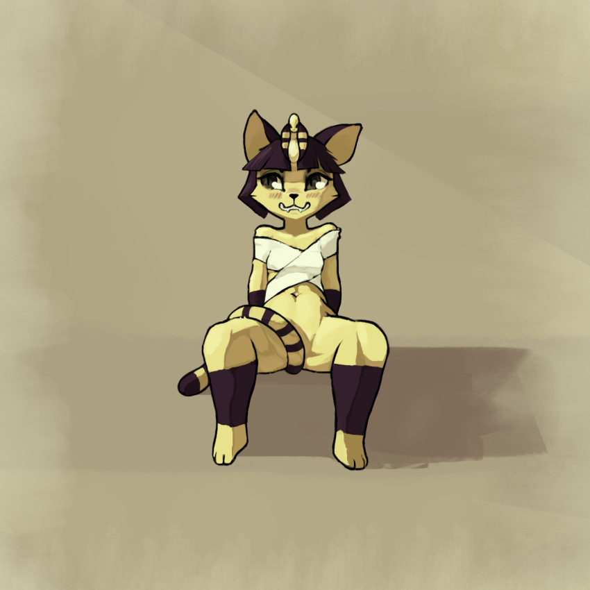 2015 animal_crossing ankha_(animal_crossing) anthro bandage blue_hair blush bottomless brown_eyes cat clothed clothing convenient_censorship erijt feline female fur hair looking_aside mammal nintendo simple_background sitting smile solo spread_legs spreading striped_tail stripes tail_censorship video_games yellow_fur
