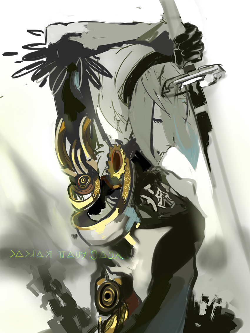 black_hairband closed_eyes cuffs gears grey_hair hairband highres holding holding_sword holding_weapon kohiu mechanical_parts nier_(series) nier_automata no_blindfold parts_exposed shackles short_hair simple_background sword upper_body weapon yorha_no._2_type_b