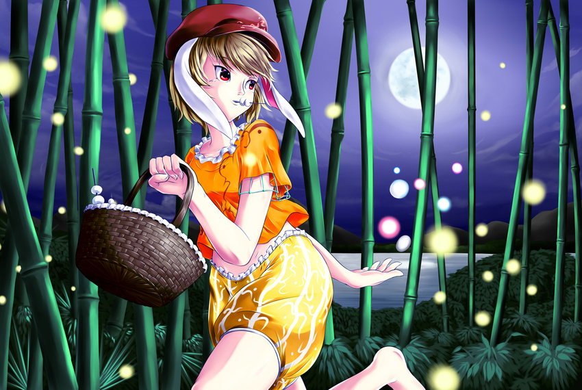 absurdres animal_ears bamboo bamboo_forest barefoot basket blonde_hair bunny_ears bush curvy dango danmaku fireflies food food_in_mouth forest frills hat highres lights looking_back moon moon_rabbit nature night night_sky orange_shirt pants patterned pumpkin_shorts red_eyes red_hat ringo_(touhou) running shirt short_hair shorts skewer sky striped striped_shorts toothpick tossing touhou wagashi yellow_pants yomitrooper