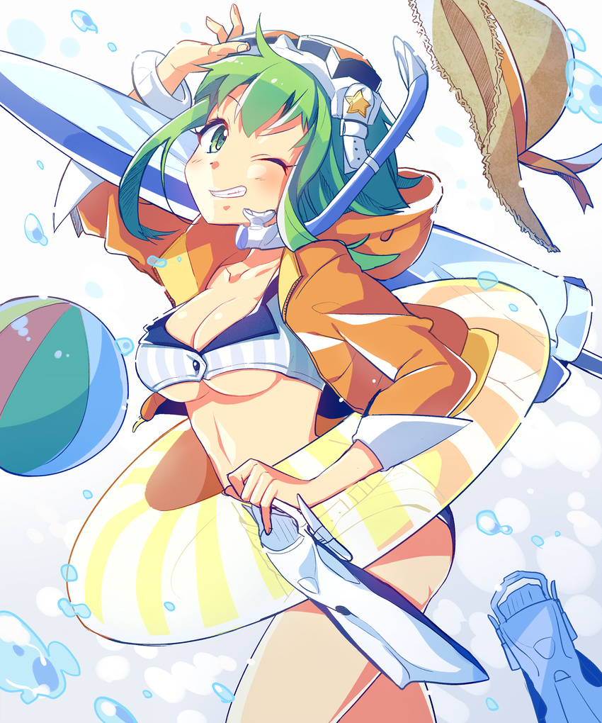 ball beachball bikini breasts cleavage goggles goggles_on_head green_eyes green_hair grin gumi hat hat_removed headwear_removed highres jacket jacket_over_swimsuit large_breasts looking_at_viewer nou one_eye_closed short_hair smile solo swimsuit underboob vocaloid