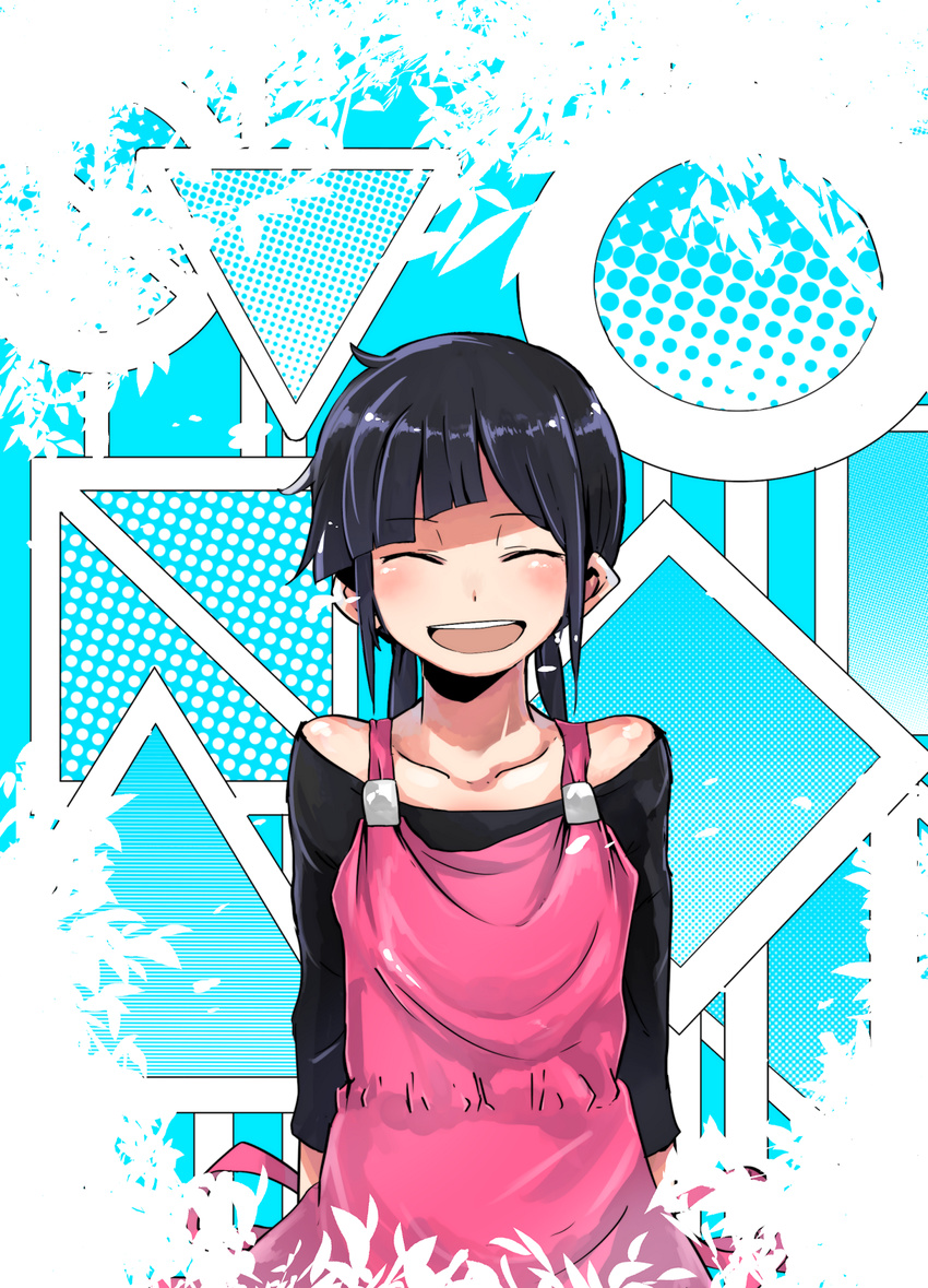 :d ^_^ abstract_background asahina_hiyori blue_background closed_eyes halftone highres kagerou_project maam._(summemixi) open_mouth polka_dot purple_hair sidelocks smile solo striped two-tone_background upper_body white_background