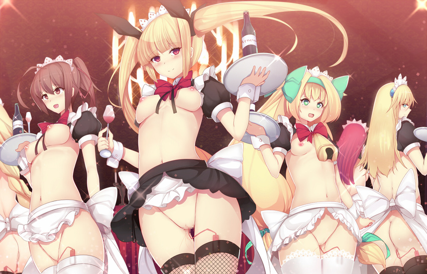 apron ass blazblue blonde_hair bow breasts brown_eyes brown_hair celica_a_mercury censored daiaru green_eyes lambda-11 long_hair maid_headdress medium_breasts multiple_girls nipples noel_vermillion object_insertion platinum_the_trinity pussy rachel_alucard red_bow red_eyes red_hair revealing_clothes short_hair skirt small_breasts thighhighs tsubaki_yayoi vaginal vaginal_object_insertion vibrator vibrator_in_thighhighs waist_apron