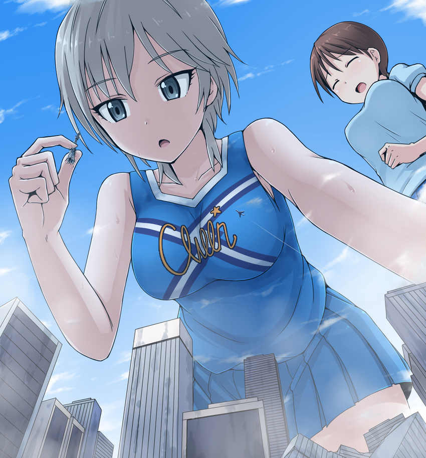 anastasia_(idolmaster) blue_eyes brown_hair cheerleader city closed_eyes day destruction from_below giantess highres idolmaster idolmaster_cinderella_girls long_hair love_laika multiple_girls nitta_minami open_mouth short_hair silver_hair skirt sky sweat terada_ochiko