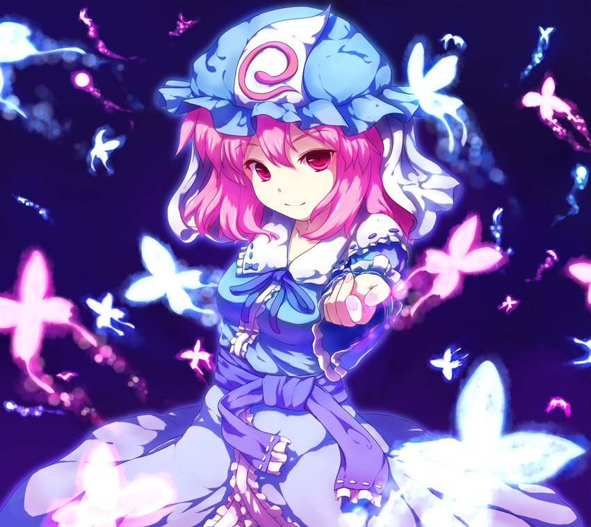 beckoning bug butterfly glowing hat highres insect japanese_clothes looking_at_viewer muneyuki nail_polish outstretched_arm pink_eyes pink_hair pink_nails saigyouji_yuyuko short_hair smile solo touhou