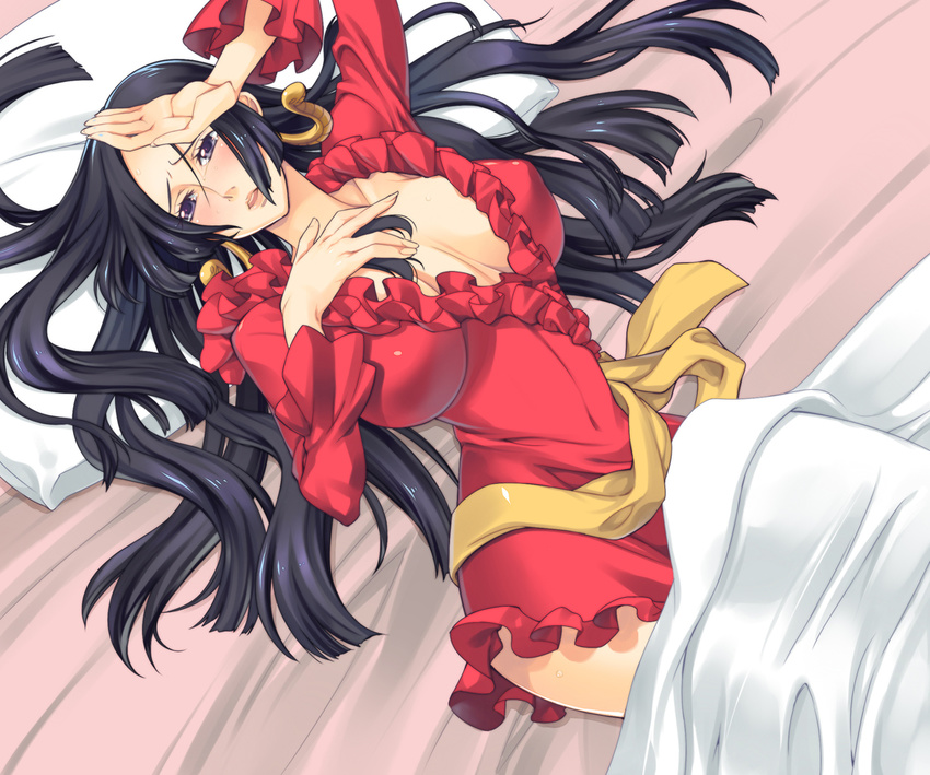 bed bed_sheet black_hair blush boa_hancock breasts cleavage earrings hpa_(foolish_factory) jewelry large_breasts long_hair one_piece pillow purple_eyes red_skirt skirt solo tears