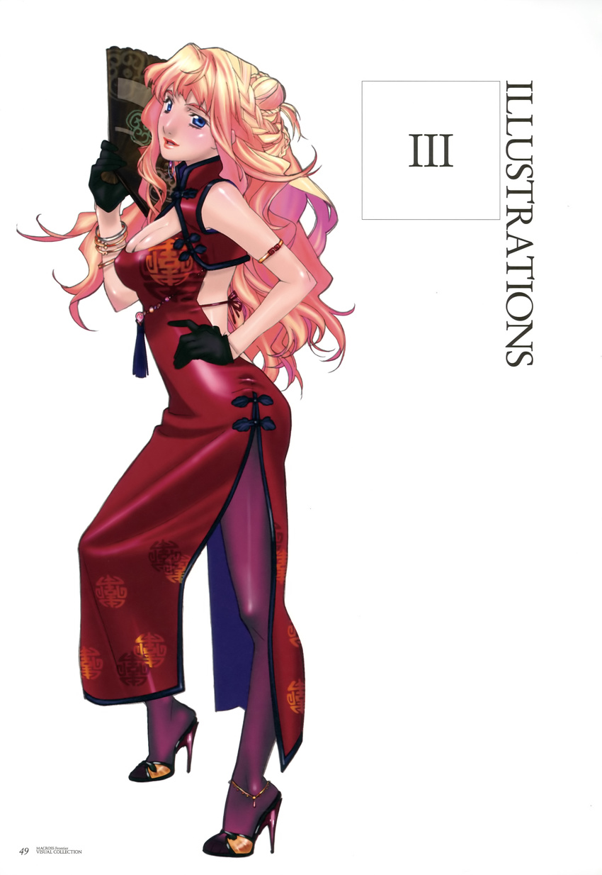 absurdres blonde_hair blue_eyes china_dress chinese_clothes dress ebata_risa fan gloves high_heels highres long_hair macross macross_frontier official_art pantyhose scan sheryl_nome shoes solo