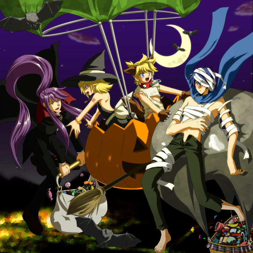 3boys aida_ayako animal_ears bandages bat broom candy collar food halloween hat highres jack-o'-lantern kagamine_len kagamine_rin kaito kamui_gakupo multiple_boys pumpkin tail vampire vocaloid witch_hat wolf_ears wolf_tail