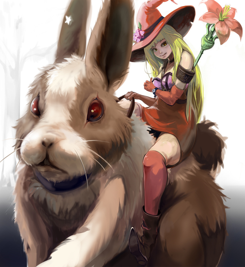 bad_id bad_pixiv_id bare_shoulders blonde_hair boots bunny flower hat highres katsuma_(perestronica) legs lips long_hair original red_eyes riding solo thighhighs witch_hat