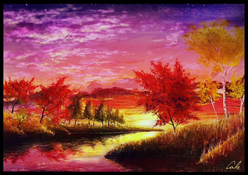 artist_name autumn autumn_leaves bad_id bad_pixiv_id cloud cola_(gotouryouta) grass highres landscape no_humans original reflection river scenery signature sky sunset traditional_media tree water watercolor_(medium)