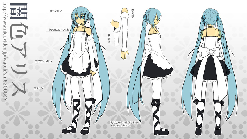 aqua_eyes aqua_hair bare_shoulders bow character_sheet cross-laced_footwear detached_sleeves dress frills hair_ornament hair_ribbon hairclip hands hatsune_miku legs lolita_fashion long_hair multiple_views pantyhose ribbon tamura_hiro translated turnaround twintails very_long_hair vocaloid white_legwear yami-iro_alice_(vocaloid)