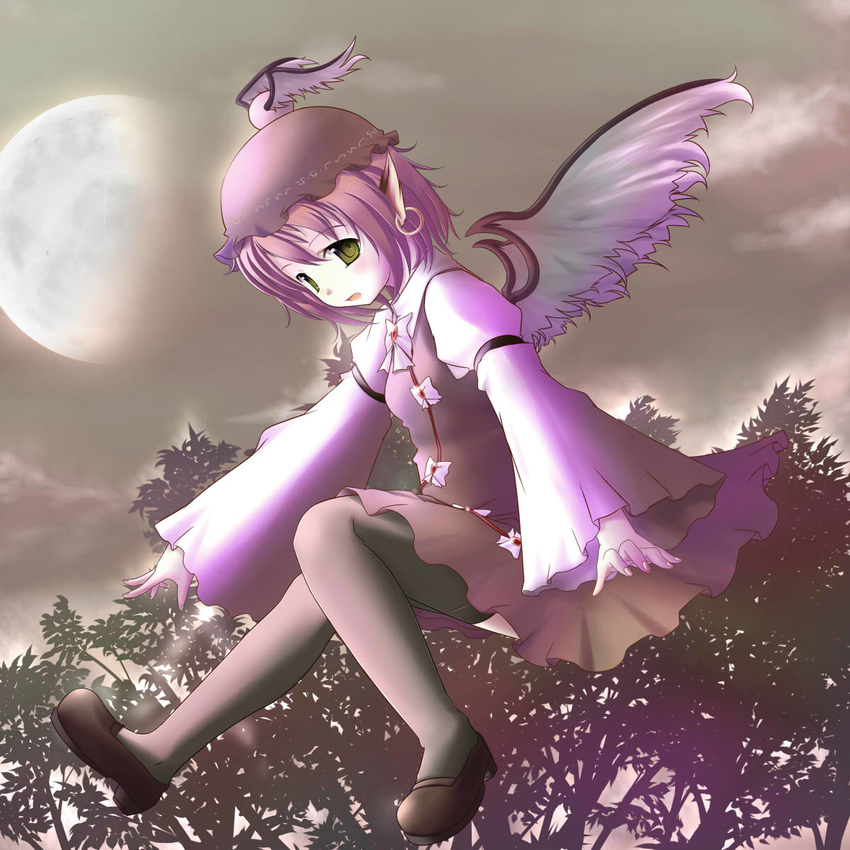 animal_ears dress earrings flying full_moon hat highres jewelry kaisu md5_mismatch midair moon mystia_lorelei night pink_hair short_hair solo thighhighs touhou wings yellow_eyes