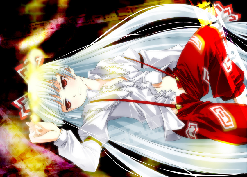 bad_id bad_pixiv_id fujiwara_no_mokou long_hair open_clothes open_shirt pants red_eyes shirt silver_hair solo suspenders touhou umekichi very_long_hair